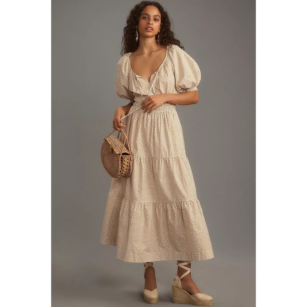 Anthropologie Somerset Maxi Dress Sz L Cream Polka Dots Smocked Waist Pockets